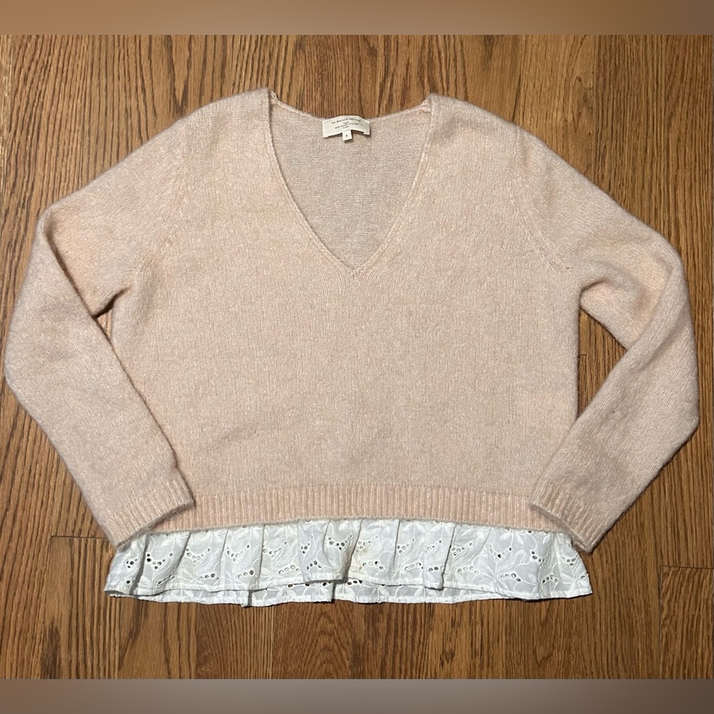 Sézane‎ La Maille Alfred Mohair Merino Wool Blend Lace Hem V-Neck Sweater–Size S